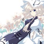  alternate_eye_color blonde_hair blue_eyes dress duplicate flower gloves hair_ribbon hair_up hat lily_(flower) long_hair long_sleeves looking_away puffy_long_sleeves puffy_sleeves ribbon smile solo touhou touya_(the-moon) tress_ribbon white white_background white_gloves yakumo_yukari 