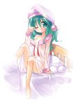  bangs bare_legs barefoot bed blush breasts crescent eyebrows_visible_through_hair green_eyes green_hair hat kazami_yuuka kazami_yuuka_(pc-98) legs long_hair long_sleeves nightcap nightgown no_bra no_panties off_shoulder one_eye_closed pajamas rubbing_eyes see-through sitting sleepy small_breasts solo star tears toto_nemigi touhou touhou_(pc-98) untied 