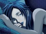  2006 black_hair blood+ blue_eyes blue_flower blue_rose diva_(blood+) face flower highres long_hair rose solo wallpaper 