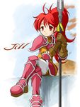  armor character_name earth_ekami fire_emblem fire_emblem:_souen_no_kiseki jill_(fire_emblem) polearm red_eyes red_hair solo spear weapon 