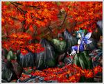  autumn autumn_leaves blue_dress blue_eyes blue_hair cirno day dress falling_leaves from_behind ice ice_wings leaf looking_at_viewer looking_back outdoors puffy_short_sleeves puffy_sleeves rock sakaki_soshi short_hair short_sleeves sitting solo touhou wings 