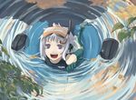  cable diving_mask diving_mask_on_head elbow_gloves flippers from_above gloves innertube itsutsu leaf looking_up original purple_eyes ripples silver_hair single_glove smile snorkel solo submerged swimsuit water wetsuit 