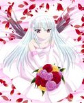  bare_shoulders black_wings bouquet collarbone dress elbow_gloves flower gloves hair_ribbon hairband light_smile long_hair looking_at_viewer namamo_nanase petals pink_eyes ribbon rozen_maiden sleeveless sleeveless_dress solo suigintou very_long_hair white_hair wings 