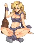  ayla_(chrono_trigger) blonde_hair boots bracelet breasts caveman chrono_trigger cleavage club curly_hair green_eyes indian_style jewelry large_breasts long_hair mizuryuu_kei navel revealing_clothes sitting solo wavy_hair weapon 