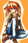  blue_eyes contemporary eyebrows_visible_through_hair gem hair_between_eyes jewelry long_hair long_sleeves looking_at_viewer lyrical_nanoha mahou_shoujo_lyrical_nanoha_strikers necklace orange_hair pendant purple_eyes quality solo teana_lanster twintails zinno 