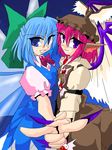  animal_ears bird_ears blue_dress blue_eyes blue_hair bow breast_press cirno dress feathered_wings fingernails green_bow hat kieyza long_fingernails long_sleeves multiple_girls mystia_lorelei nail_polish pink_hair puffy_short_sleeves puffy_sleeves purple_eyes purple_nails short_sleeves symmetrical_docking symmetrical_hand_pose touhou wings yin_yang 