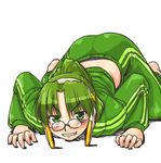  all_fours barefoot crawling dd_(ijigendd) glasses green_eyes green_hair homeko imminent_pounce os-tan ponytail smile solo top-down_bottom-up track_suit xp_home-tan 