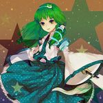  blue_skirt detached_sleeves frilled_skirt frills frog_hair_ornament gohei green_hair hair_ornament hair_tubes hairband kochiya_sanae long_hair looking_at_viewer skirt smile snake_hair_ornament solo star touhou wide_sleeves xero yellow_eyes 