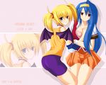  2girls arcana_heart bat_wings blonde_hair blue_eyes blue_hair bra character_name copyright_name demon_girl elbow_pads hairband johnny_(from_scratch) lace lace-trimmed_bra lilica_felchenerow lingerie looking_back misono_gakuen_school_uniform multiple_girls orange_skirt pink_bra pointy_ears red_eyes school_uniform skirt tsuzura_saki twintails underwear wallpaper wings 