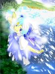  artist_request blue_dress blue_eyes blue_hair cirno day dress flying full_body ice ice_wings lake looking_at_viewer outdoors shore smile solo touhou water wings 