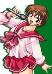  :d brown_eyes brown_hair collarbone long_sleeves manabe_jouji microphone music nagaoka_shiho open_mouth pleated_skirt red_skirt sailor_collar school_uniform serafuku shirt simple_background singing skirt smile solo to_heart two-tone_background white_shirt 