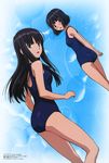  :o absurdres arms_behind_back ass black_eyes black_hair blush embarrassed futami_eriko highres kawada_tsuyoshi kimi_kiss legs long_hair looking_back megami multiple_girls non-web_source one-piece_swimsuit open_mouth scan school_swimsuit shijou_mitsuki short_hair surprised swimsuit water 