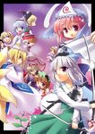  :d alice_margatroid blonde_hair chen dress dual_wielding floating ghost hat hitodama holding holding_sword holding_weapon katana konpaku_youmu konpaku_youmu_(ghost) lily_white long_hair long_sleeves looking_at_viewer lunasa_prismriver lyrica_prismriver merlin_prismriver multiple_girls open_mouth perfect_cherry_blossom pillow_hat pink_hair purple_eyes saigyouji_yuyuko sheath short_hair short_sleeves silver_hair smile sword tabard toto_nemigi touhou unsheathed weapon white_dress yakumo_ran yakumo_yukari 