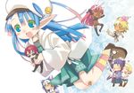  4girls :d azuma_masakadu beret blue_eyes blue_hair blush breasts copyright_request expressionless flying full_body green_skirt hat holding jitome long_hair minibow multiple_boys multiple_girls open_mouth pleated_skirt pointy_ears red_hair skirt small_breasts smile sunglasses very_long_hair 