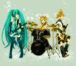  2girls aqua_hair band bass_guitar brother_and_sister drum drum_set guitar haruo_(clownberry) hatsune_miku highres instrument kagamine_len kagamine_rin long_hair multiple_girls sailor_collar siblings thighhighs twins twintails very_long_hair vocaloid 