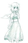  daiyousei fairy_wings green hair_ribbon hand_on_own_chest hirase_yuu monochrome ribbon short_hair sigh sketch smile solo touhou wings 