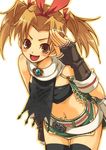  belt brown_hair fantasy_earth_zero fingerless_gloves gloves leaning_forward midriff navel salute shorts smile solo super_zombie thighhighs twintails 