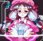  collared_dress crescent dress frills glowing gochou_(atemonai_heya) hat long_hair long_sleeves looking_at_viewer magic mob_cap orb patchouli_knowledge pink_dress purple_eyes purple_hair shaded_face solo sphere touhou very_long_hair 