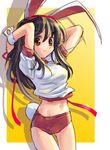  animal_ears arms_behind_head arms_up bunny_ears bunny_girl bunny_tail buruma cowboy_shot drop_shadow frame gym_uniform katahira_masashi midriff original red_buruma short_sleeves smile solo tail wrist_cuffs 