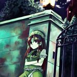  against_wall braid chinese_clothes crossed_arms gate hat hong_meiling lantern long_hair looking_afar night red_hair solo takishima_asaka touhou twin_braids 