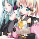  :&lt; blonde_hair bow closed_eyes eighth_note green_eyes green_hair guitar hatsune_miku headphones instrument kagamine_rin kiira long_hair multiple_girls musical_note open_mouth short_hair simple_background smile thighhighs twintails vocaloid 