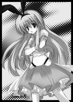  :o akane_souichi animal_ears blush bunny_ears copyright_request cowboy_shot dress fake_animal_ears frilled_dress frills greyscale long_hair long_sleeves monochrome open_mouth solo very_long_hair 