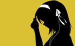  artist_request earphones hairband ipod_ad lowres monochrome short_hair silhouette solo suzumiya_haruhi suzumiya_haruhi_no_yuuutsu yellow_background 