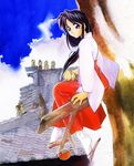  black_hair japanese_clothes miko morimi_ashita outdoors sky wazukani_toshigai 