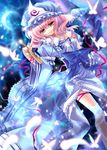  animal arm_garter blue_dress bug butterfly capura_lin dress frills half-closed_eyes hat insect long_sleeves looking_at_viewer mob_cap pink_eyes pink_hair saigyouji_yuyuko solo touhou triangular_headpiece 