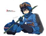  :d arm_support bamboo bangs belt between_breasts black_eyes black_hair black_legwear blue_eyes blue_skin boots breasts coat crossed_legs dragon_quest dragon_quest_ii genderswap genderswap_(mtf) gloves goggles goggles_on_headwear hair_between_eyes helmet holding knee_boots light_smile looking_at_viewer looking_away looking_back monster o_o oekaki onija_tarou open_mouth over_shoulder pantyhose pouch prince_of_lorasia profile shield short_hair simple_background sitting slime_(dragon_quest) smile translation_request turtleneck watermark web_address white_background 