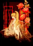  blonde_hair copyright_request flower japanese_clothes kimono line male_focus otoko_no_ko peony_(flower) ponytail profile solo 