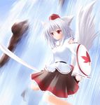  animal_ears hat inubashiri_momiji shirotsuki_kouta silver_hair skirt solo sword tail tokin_hat touhou water waterfall weapon 