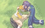  ayase_yue blue_hair blush casual couple field flower grass holding hug long_hair low-tied_long_hair mahou_sensei_negima! masakami miyazaki_nodoka multiple_girls pantyhose pleated_skirt purple_hair short_hair skirt very_long_hair yuri 