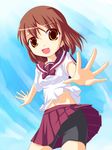 :d bad_proportions bike_shorts brown_eyes brown_hair kuro_(be_ok) looking_at_viewer open_mouth original pleated_skirt red_skirt school_uniform shirt short_hair short_sleeves shorts shorts_under_skirt skirt smile solo upskirt white_shirt 
