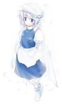  apron blue_dress blue_eyes blush dress expressionless frills full_body hat letty_whiterock long_sleeves mob_cap short_hair silver_hair simple_background solo touhou waist_apron walking white_background yukitarou_(awamori) 