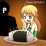  1boy 1girl ahoge birthday blonde_hair cake candle faceless faceless_male food green_shirt hands_clasped happy happy_birthday hoshii_miki idolmaster idolmaster_(classic) idolmaster_1 long_hair onigiri open_mouth own_hands_together pesi plate producer_(idolmaster) rice saliva shirt 