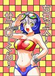  armpits bandeau blue_hair blush bracelet breasts copyright_request curvy goggles huge_breasts jewelry kotona kouda_tomohiro multicolored_hair salute short_hair silver_hair solo strapless translation_request underboob wide_hips yellow_eyes 