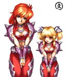  blonde_hair breasts choker cleavage cosplay cowboy_shot grin hands_together height_difference hisahiko ibis_douglas irui_guneden large_breasts looking_at_viewer midriff multiple_girls navel open_mouth orange_eyes red_eyes red_hair selena_recital selena_recital_(cosplay) short_twintails shoulder_spikes simple_background smile spikes super_robot_wars twintails v_arms vambraces white_background 