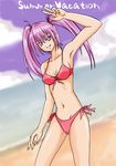  :d armpits artist_request bad_anatomy bare_shoulders beach beatmania bikini brown_eyes day english grin looking_at_viewer mizushiro_celica open_mouth outdoors pink_hair red_bikini sand shore smile solo swimsuit text_focus v water waving 