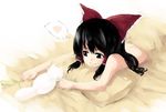  black_hair bow cat futon hair_bow hair_tubes hakurei_reimu naked_sheet nude pillow red_bow sakuraba_yuuki sidelocks solo touhou under_covers upper_body 