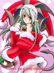  bare_shoulders bat_wings bell bell_earrings breasts christmas cleavage copyright_request demon_girl demon_tail dress earrings english fur_trim gloves green_eyes green_hair hat holly_earrings horns jewelry jpeg_artifacts large_breasts long_hair looking_back merry_christmas ongaku_nasca open_mouth pointy_ears santa_costume short_dress solo standing strapless strapless_dress tail white_gloves wings 