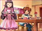  :d ^_^ antenna_hair apron bangs black_hair blue_apron blue_bow blue_legwear blue_neckwear blue_ribbon blue_shorts blurry blush border bow bowtie box brown_hair cardcaptor_sakura ceiling closed_eyes cup daidouji_tomoyo depth_of_field dress flower gift gift_box hair_ribbon indoors kinomoto_sakura long_hair long_sleeves looking_at_another maid_apron multiple_girls mutsuki_(moonknives) open_mouth outstretched_arms outstretched_hand pink_apron pink_dress pink_ribbon ribbon rounded_corners shirt short_hair shorts sitting smile standing stretch tea teacup teapot thighhighs tray turtleneck two_side_up vase wall wooden_chair wooden_table wrist_extended yellow_shirt 