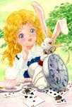  alice_(wonderland) alice_in_wonderland blonde_hair blue_eyes bunny card clock cup efira lying_card pocket_watch solo spoon tea watch white_rabbit 