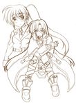  belt bullet_in_mouth fingerless_gloves gloves jacket leg_belt lyrical_nanoha magical_girl mahou_shoujo_lyrical_nanoha_strikers military military_uniform monochrome multiple_girls open_clothes open_jacket personification raising_heart side_ponytail takamachi_nanoha too_many_belts tsab_air_military_uniform uniform zero_point 