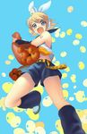  :o bag bare_shoulders belt blue_eyes bow detached_sleeves fang food fruit hair_ornament hairclip headphones headset kagamine_rin leg_up leg_warmers midriff open_mouth orange piyodera_mucha shirt shoes shorts sleeveless sleeveless_shirt solo surprised vocaloid 