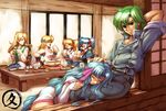  5girls alcohol beer blonde_hair blue_hair blush breasts cleavage closed_eyes cup drunk earrings elbow_gloves fang fingerless_gloves food gloves green_eyes green_hair hair_bobbles hair_ornament hand_on_head happy headband hisahiko jewelry lap_pillow large_breasts long_hair lune_zoldark masaki_andoh medium_breasts mio_sasuga mug multiple_girls necktie presia_zenoskis sitting sleeping smile super_robot_wars super_robot_wars_the_lord_of_elemental table tank_top twintails tytti_norback very_long_hair wendy_rasm_iknart wristband 