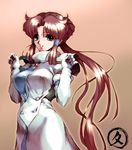  bangs breasts brown_hair buttons clenched_hands dress elbow_gloves floating_hair gem gloves gradient gradient_background grin hair_bun hair_tubes hisahiko large_breasts long_hair looking_at_viewer minaki_tomine parted_bangs ponytail purple_eyes shiny shiny_hair sidelocks smile solo standing super_robot_wars turtleneck very_long_hair 