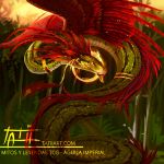  2018 ambiguous_gender day detailed_background digital_media_(artwork) feathered_wings feathers feral green_scales hi_res outside quetzalcoatl red_feathers reptile scales scalie solo tatiilange wings 