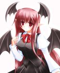 bat_wings bow dress head_wings koakuma long_hair pointy_ears red_hair shirotsuki_kouta solo touhou wings 
