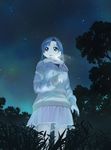 blue blue_eyes blue_hair breath from_below ikeda_jun_(mizutamari) night night_sky original scarf sky solo 